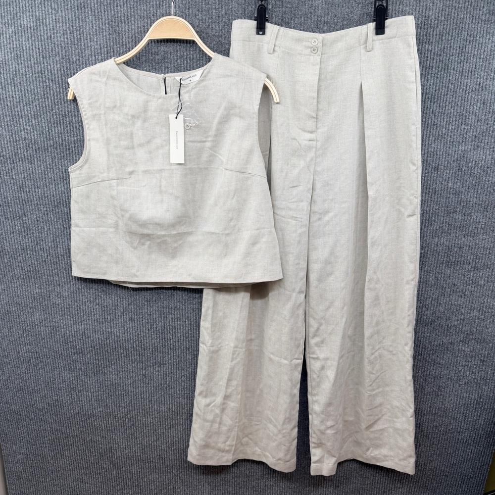 Commense 2 Piece Pant Set Women M Beige Linen Blend Wide Leg Crop Coastal Chic